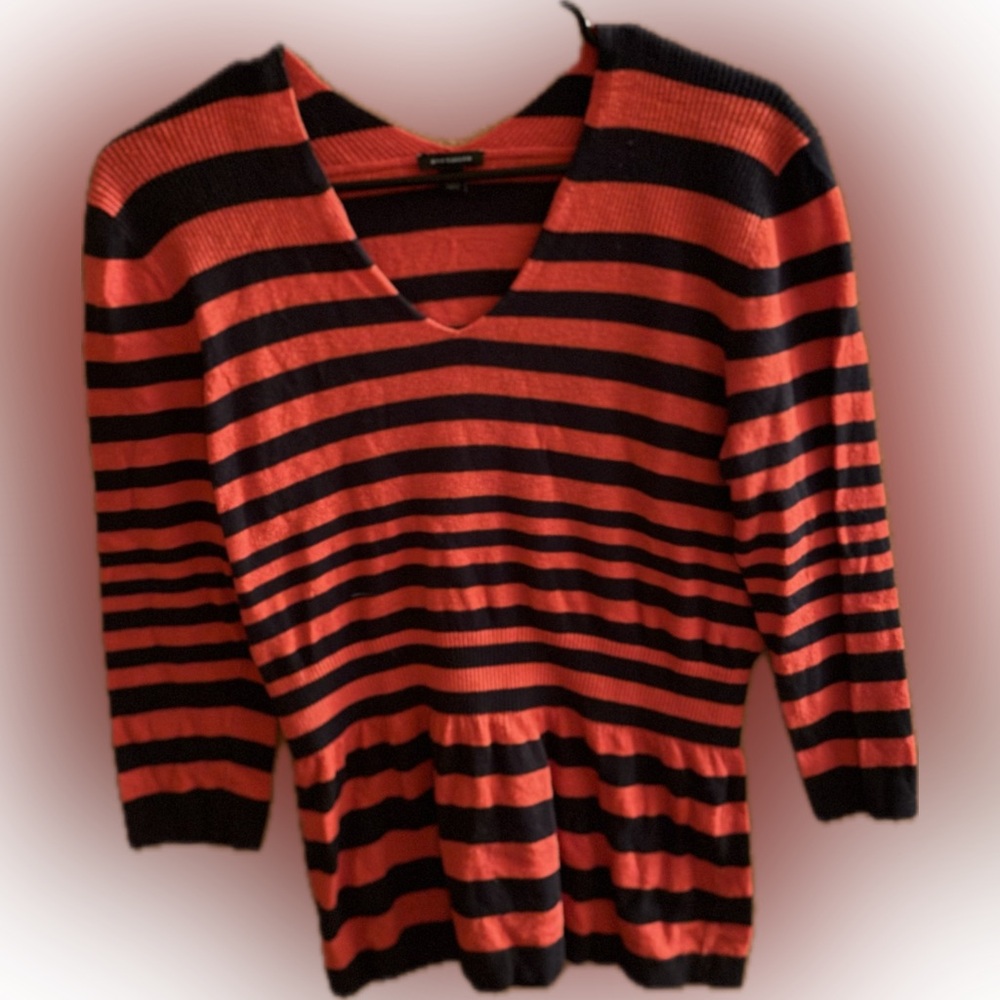 Ann Taylor Red and Black Striped V-Neck Sweater